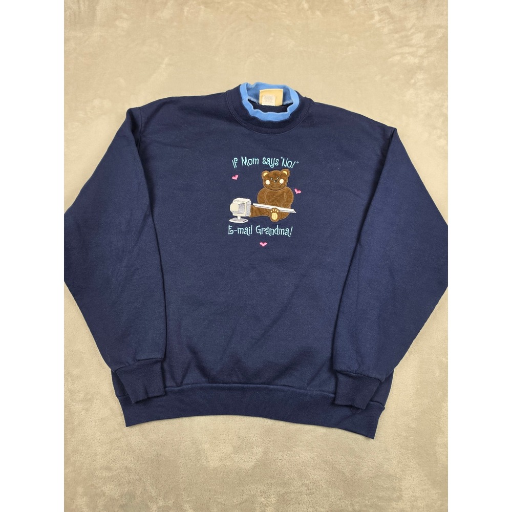Vintage Top Stitch Sweatshirt Women L Blue E-mail Grandma Bear Cottagecore